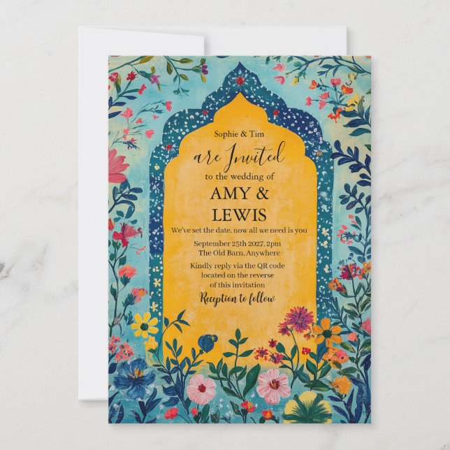 Boho Summer Blue Floral Wedding Invitation Inbjudningar (Framsida)