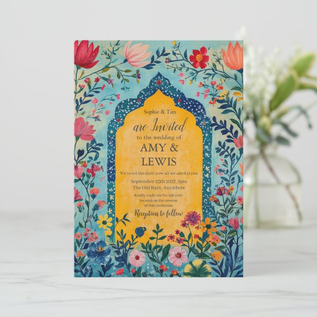 Boho Summer Blue Floral Wedding Invitation Inbjudningar (Stående Fram)