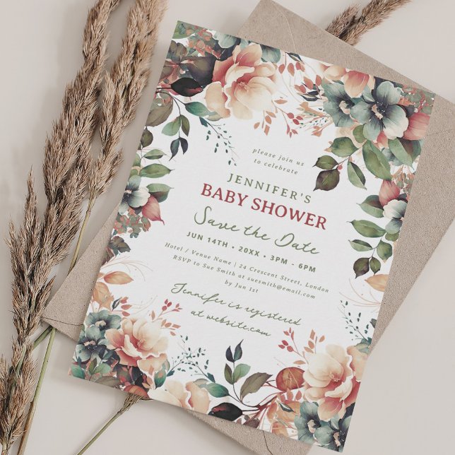 Boho Summer Garden Blommigt Baby Shower Spara Date Inbjudningar (Boho Summer Garden Floral Baby Shower Save Date Invitation)