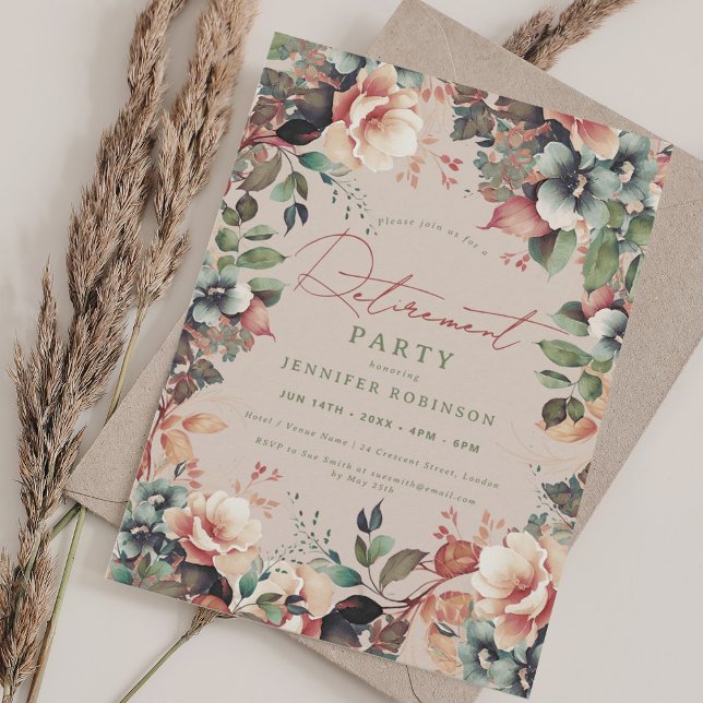 Boho Summer Garden Blommigt Pension Champagne Inbjudningar (Boho Summer Garden Floral Retirement Champagne Invitation)