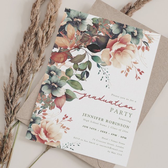 Boho Summer Garden Blommigt Studentfest Inbjudningar (Boho Summer Garden Floral Graduation Party Invitation)