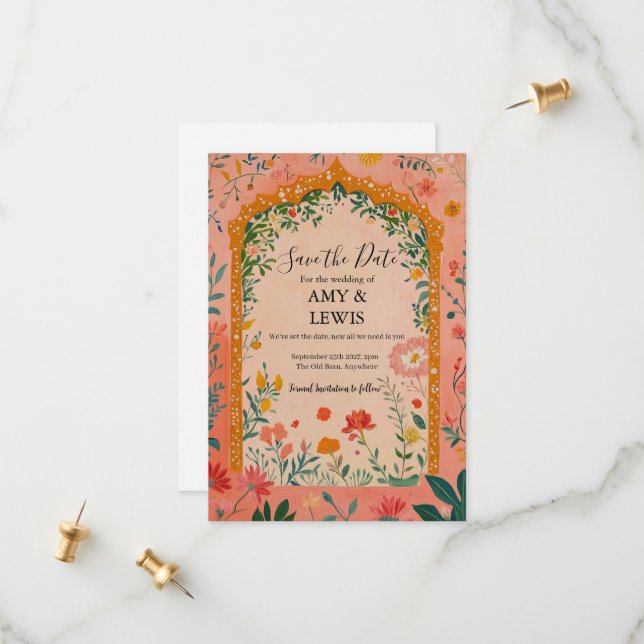 Boho Summer Pink Floral Save the Date Invitation Spara Datumet (Fram/Back In Situ)