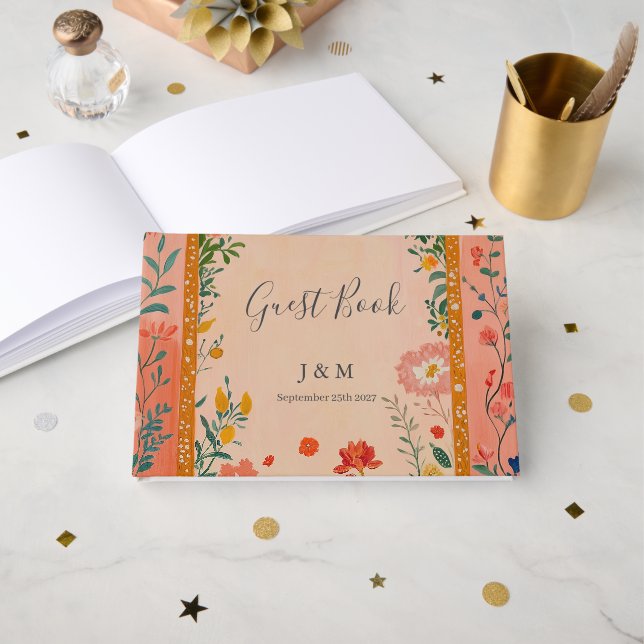 Boho Summer Pink Floral Wedding Gästböcker (Framsida öppen)