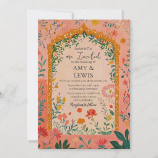 Boho Summer Pink Floral Wedding Invitation Inbjudningar
