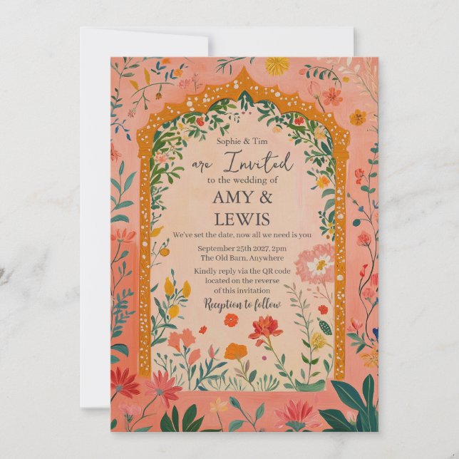 Boho Summer Pink Floral Wedding Invitation Inbjudningar (Framsida)