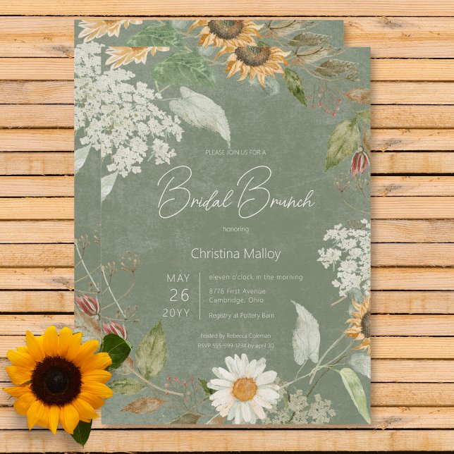 Boho Summer Solros & Daisy Grönt Möhippa Brunch Inbjudningar (Boho Summer Sunflower & Daisy Green Bridal Brunch Invitation)