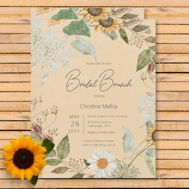 Boho Summer Solros & Daisy Guld Möhippa Brunch Inbjudningar (Boho Summer Sunflower & Daisy Gold Bridal Brunch Invitation)