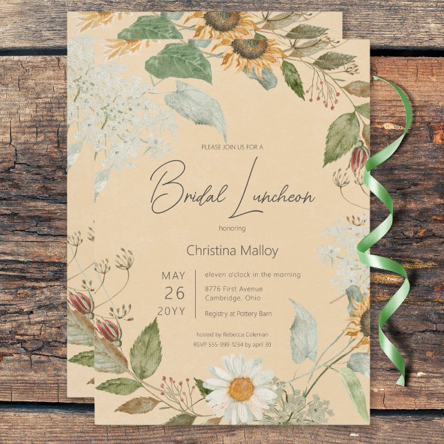 Boho Summer Solros & Daisy Guld Möhippa Luncheon Inbjudningar (Boho Summer Sunflower & Daisy Gold Bridal Luncheon Invitation)