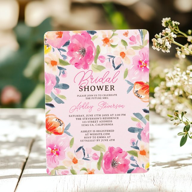 Boho Summer Watercolor Rosa Blommigt Möhippa Inbjudningar (Boho Summer Watercolor Pink Floral Bridal Shower Invitation)