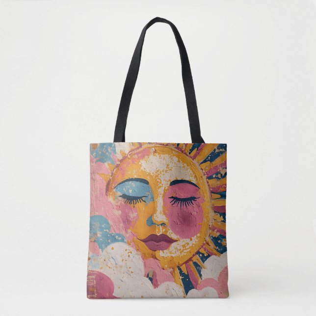 Boho Sun Face Abstract Art Tote Bag Tygkasse (Framsida)