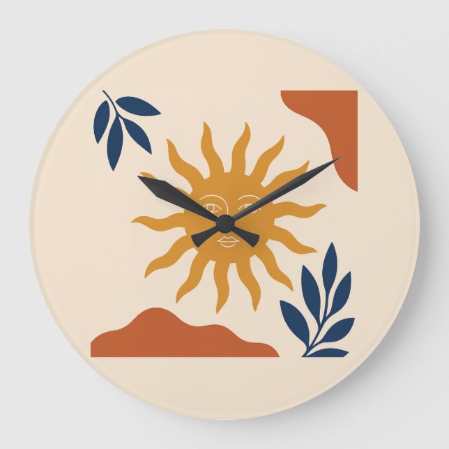 Boho Sun Face Abstract Terracotta Wall Clock Stor Klocka (Framsida)