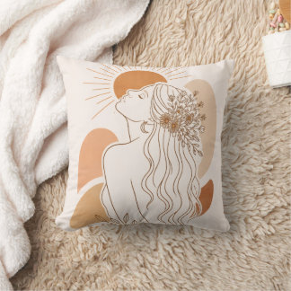 Boho Sun Goddess – Minimal Line Art Pillow Kudde