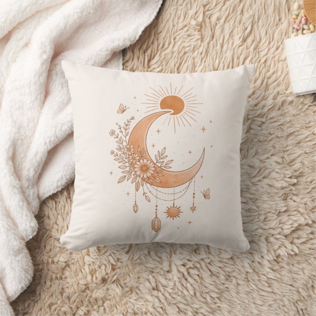 Boho Sun & Moon Floral Throw Pillow Kudde (Filt)