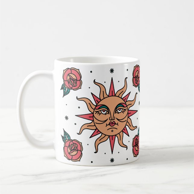 Boho Sun Tatoo Symbol Konst Kaffemugg (Vänster)