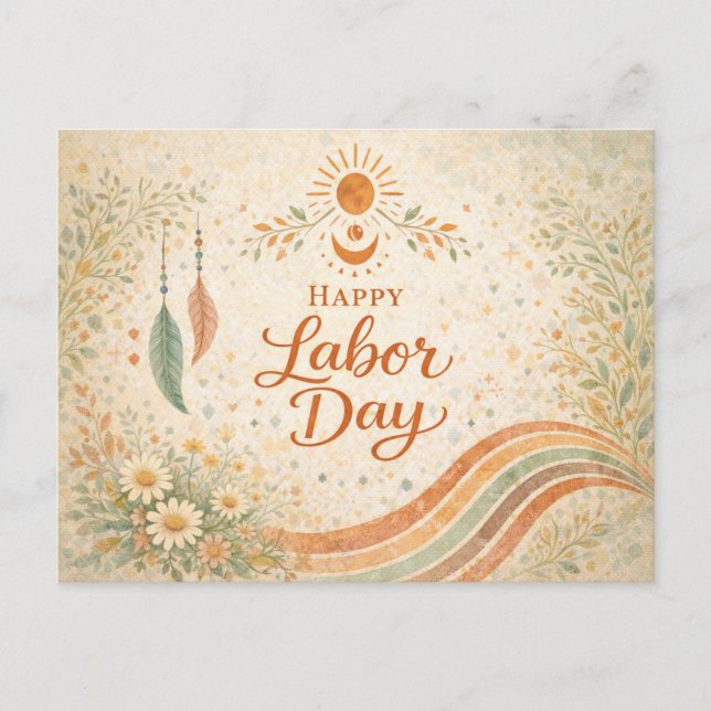 Boho Sun Wildflowers Happy Labor Day Helg Vykort (Framsida)