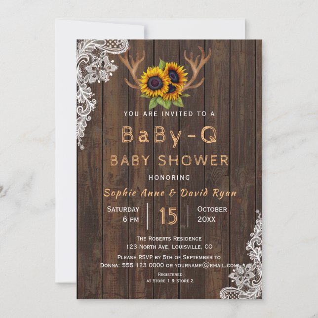 Boho Sunblommor Antlers Baby-Q Baby Shower Inbjudningar (Framsida)