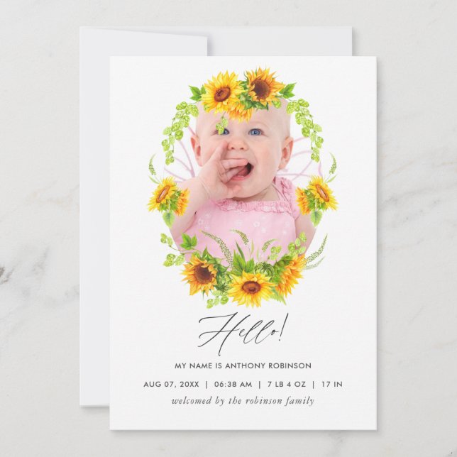 Boho Sunblommor Birth Announcement Photo Card Meddelande (Framsida)