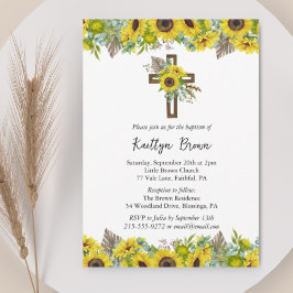 Boho Sunflower and Rustic Wooden Cross Baptism Inbjudningar