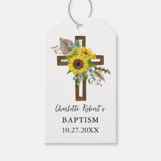 Boho Sunflower & Eucalyptus Rustic Cross Baptism Presentetikett