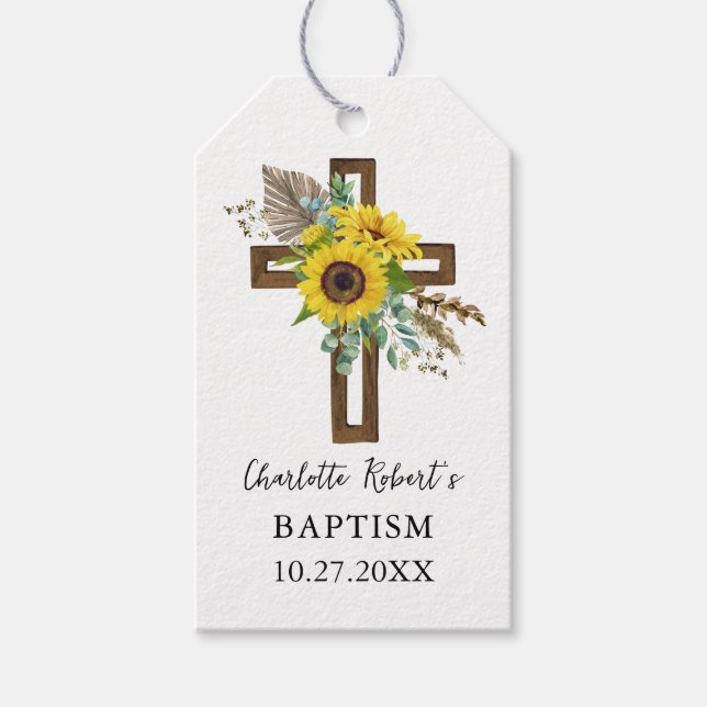 Boho Sunflower & Eucalyptus Rustic Cross Baptism Presentetikett (Framsidan)