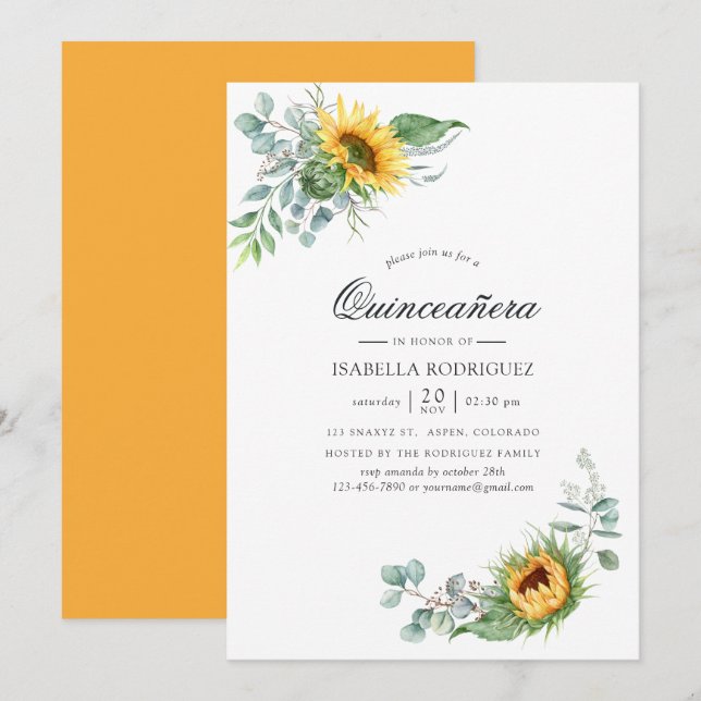 Boho Sunflower Eukalyptus Quinceañera Inbjudningar (Fram/baksida)