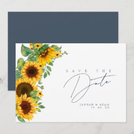 Boho Sunflower Monogram Skifferblå Bröllop Spara Datumet