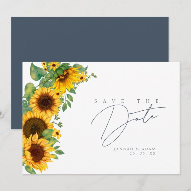 Boho Sunflower Monogram Skifferblå Bröllop Spara Datumet (Fram/baksida)