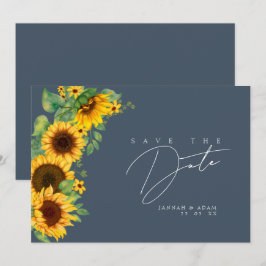 Boho Sunflower Monogram Skifferblå Bröllop Spara Datumet