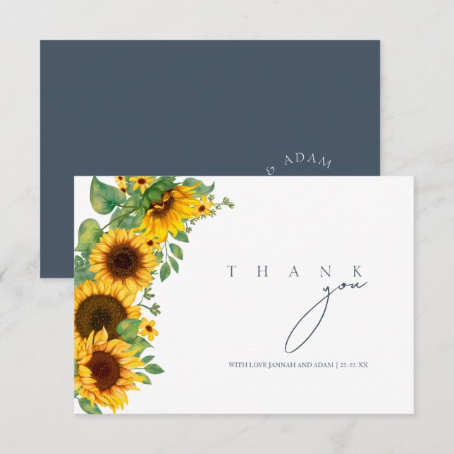 Boho Sunflower Monogram Skifferblå Bröllop Tack Kort (Fram/baksida)