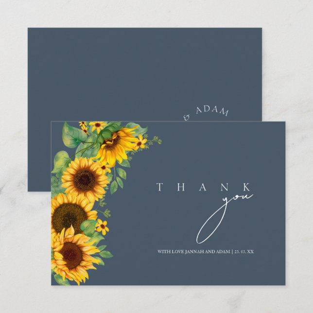 Boho Sunflower Monogram Skifferblå Bröllop Tack Kort (Fram/baksida)