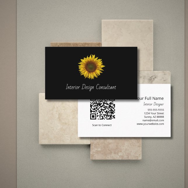 Boho Sunflower QR code Interior Designer Black  Visitkort (Skapare uppladdad)