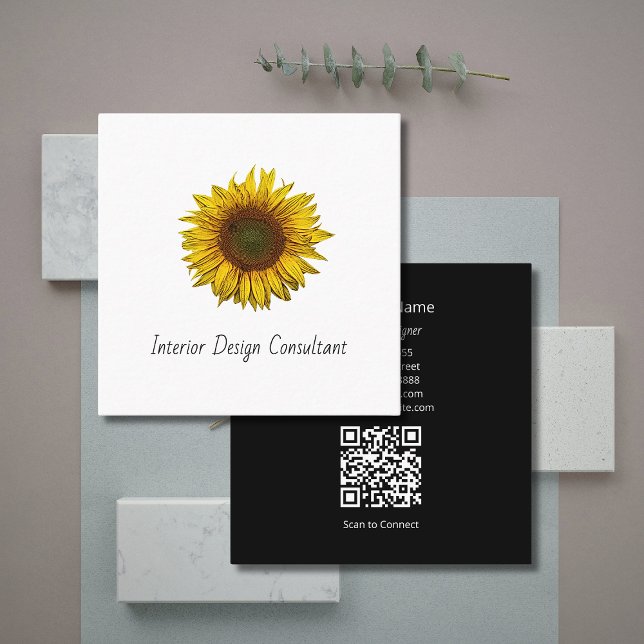 Boho Sunflower QR code Interior Designer  Fyrkantigt Visitkort (Skapare uppladdad)