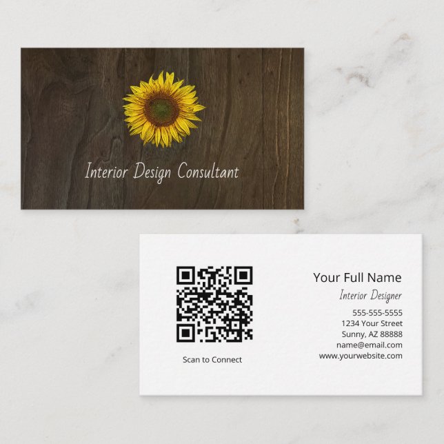 Boho Sunflower QR code Rustic Barn Wood Visitkort (Fram/baksida)