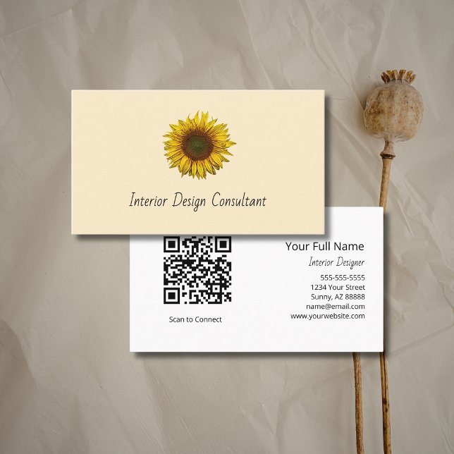 Boho Sunflower QR code Rustic Interior Designer  Visitkort (Skapare uppladdad)