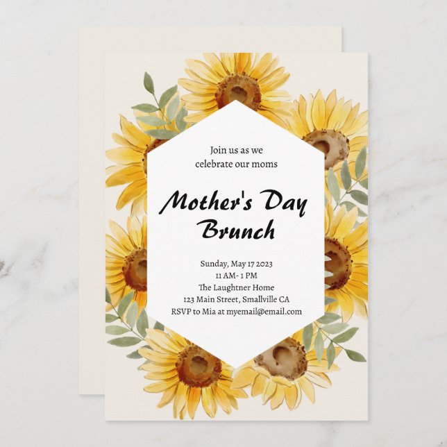 Boho Sunflower Watercolor Mother's Day Brunch  Inbjudningar (Fram/baksida)