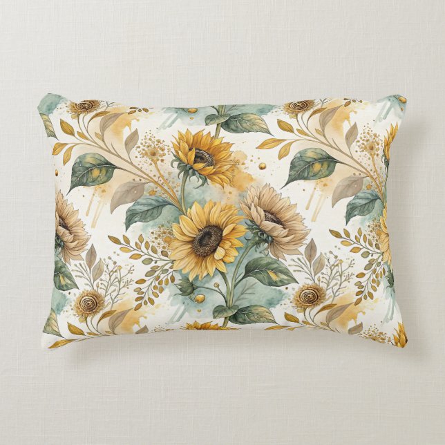 Boho Sunflowers Watercolor Gold Prydnadskudde (Framsidan)