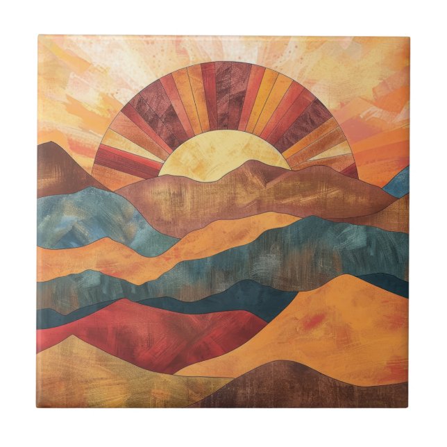 Boho Sunset over Mountains -Retro Earthy Ligcape Kakelplatta (Framsidan)
