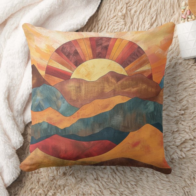 Boho Sunset over Mountains -Retro Earthy Ligcape Kudde (Filt)