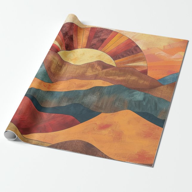 Boho Sunset over Mountains -Retro Earthy Ligcape Presentpapper (Utrullad)