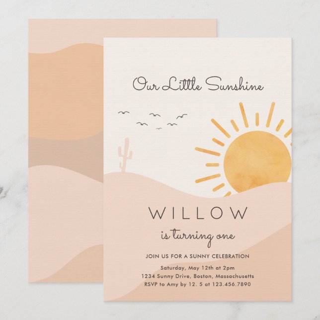 Boho Sunshine 1:a Resa runt om i Sol Inbjudningar (Fram/baksida)