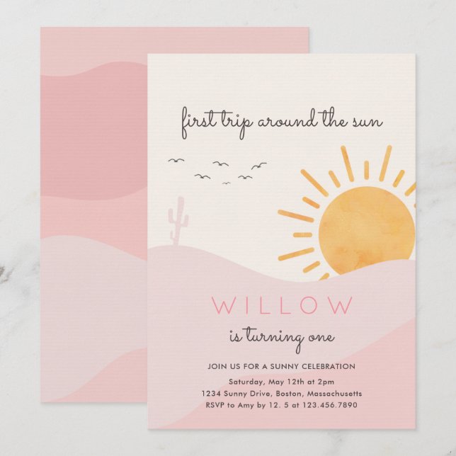 Boho Sunshine 1:a Resa runt Sol-födelsedagen Inbjudningar (Fram/baksida)
