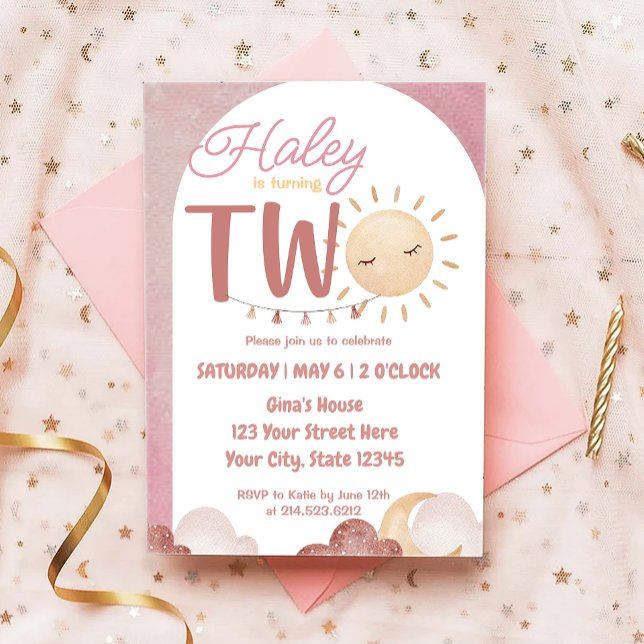 Boho Sunshine 2:a födelsedagen Party Watercolor Inbjudningar (Skapare uppladdad)