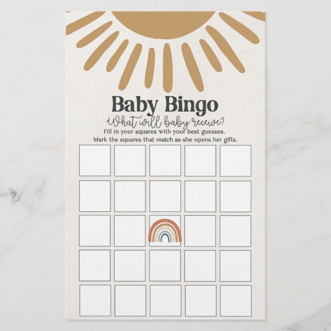 boho sunshine baby bingo, babyduschspel (Framsida)