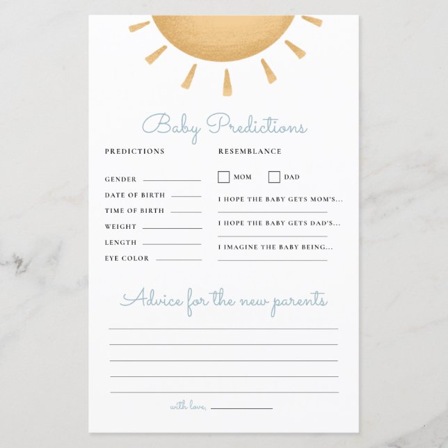 Boho Sunshine Baby Shower Predence & Advice Game (Framsida)