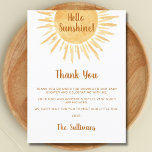 Boho Sunshine Baby Shower Tack Vykort<br><div class="desc">Det här vykortet för babyskor är dekorerat med vattenfärgen sol och säger Hej Sunshine! Perfekt för en gender neutralt babydusch. Enkelt anpassade. Eftersom vi skapar vår teckning kommer du inte att hitta just den här bilden från andra designers. Ursprunglig vattenfärg © Michele Davies.</div>
