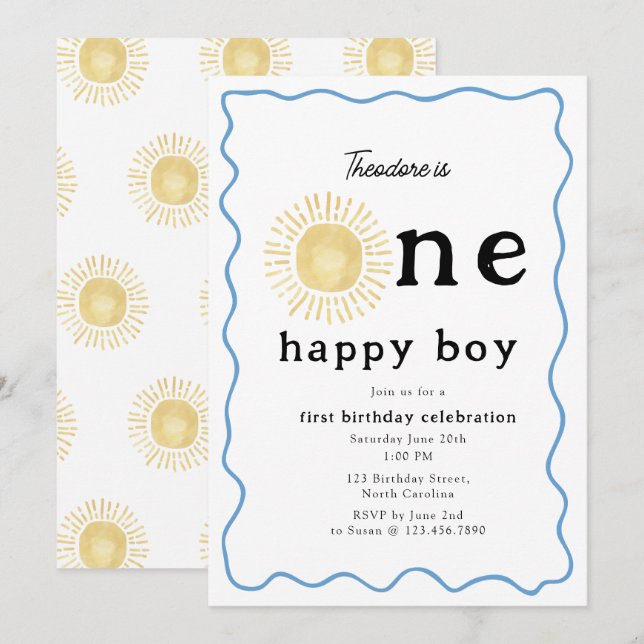 Boho Sunshine First Birthday One Lycklig Boy Retro Inbjudningar (Fram/baksida)