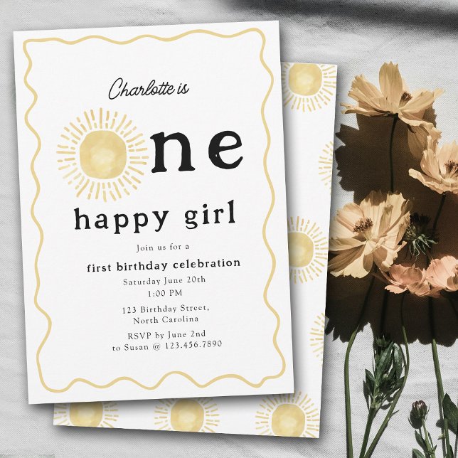 Boho Sunshine First Birthday One Lycklig Girl Retr Inbjudningar (Boho Sunshine First Birthday One Happy Girl Retro Invitation)