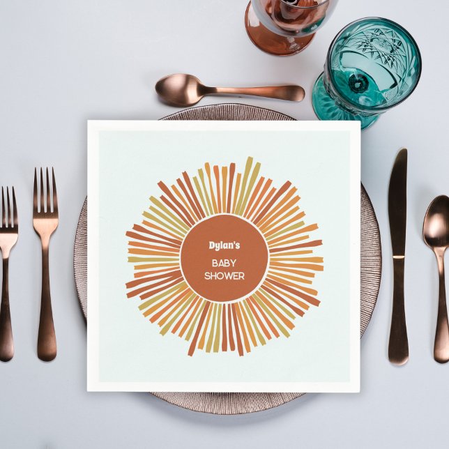 Boho Sunshine Retro Gult Orange Baby Shower Pappersservett (boho sunshine baby shower  retro boy shower burned yellow orange brown)