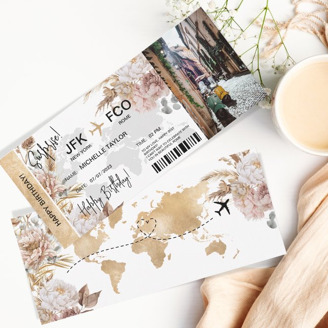 Boho Surprise Birthday Boarding Pass Resa Biljett Inbjudningar (boho surprise boarding pass )