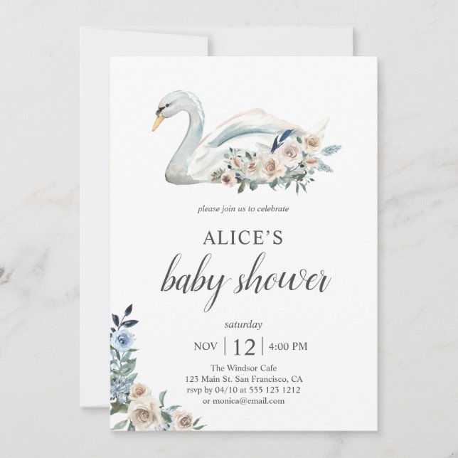 Boho Svan Dusty Blue Beige Flowers Baby Shower Inbjudningar (Framsida)